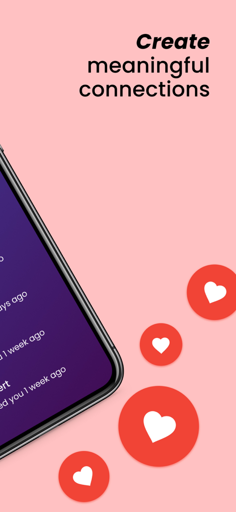 Screenshot of the Dateability app showing the phrase Create meaningful connections with heart icons