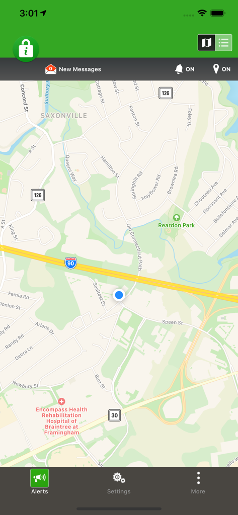 Smart911 app interface showing a map of the surrounding area with a blue location dot
