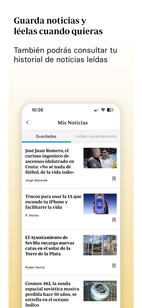 Diario ABC de Sevilla - Screenshot dell'app mobile Diario ABC de Sevilla che mostra le notizie salvate e la cronologia di lettura.