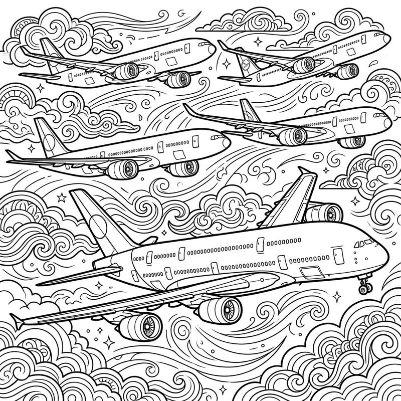 Embark on an aerial adventure with this intricate coloring page showcasing multiple commercial airplanes gracefully soaring through the clouds. This detailed linear art design offers aviation enthusiasts a fantastic opportunity to bring their high-flying dreams to life with color.