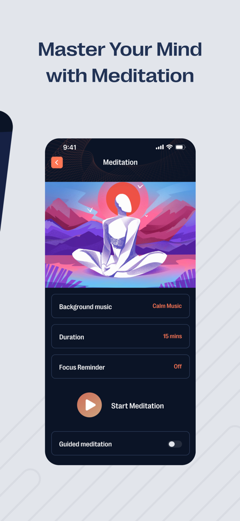 Zenoアプリの瞑想機能のインターフェース。セッション設定と開始ボタンを表示。