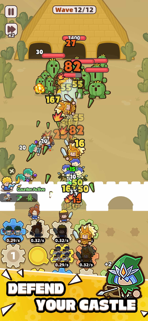 Gear Defenders - Captura de pantalla de jugabilidad de Gear Defenders mostrando la colocación táctica de unidades en engranajes para defender un muro de castillo contra oleadas de monstruos cactus en un entorno desértico.