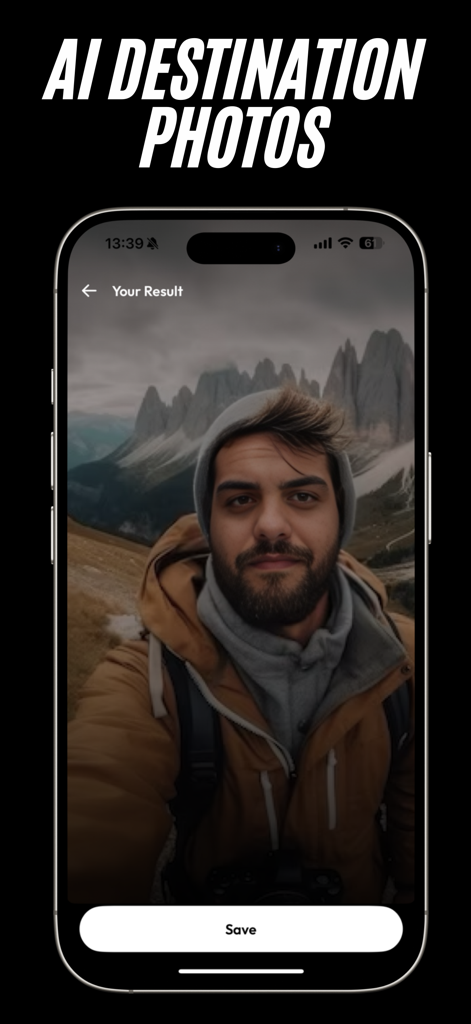Selfie profesional generado por IA de un hombre con un fondo de paisaje montañoso en una pantalla de smartphone.