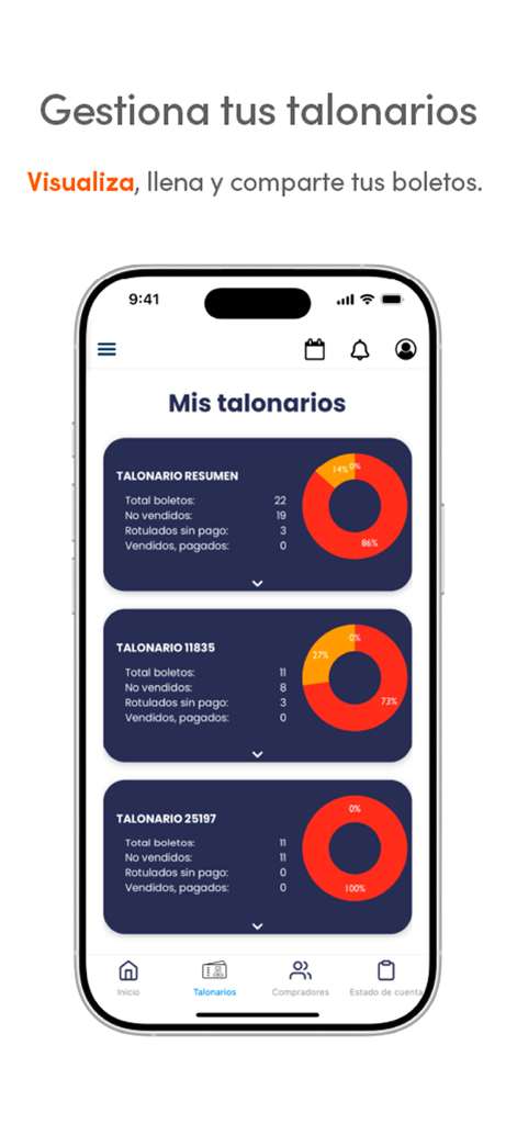 Sorteo Anahuac 2.0 Mobile App-Oberfläche mit Verwaltung digitaler Ticket-Loshefte und Verkaufsdiagrammen