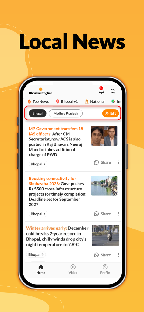 English News by Dainik Bhaskar - Local news screen of the Bhaskar English app showing headlines from Bhopal