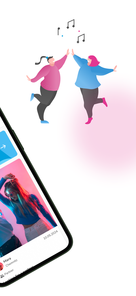 Interfaccia dell'app Danceflavors che mostra un profilo utente per la ricerca di un partner di ballo con un'illustrazione di persone che ballano