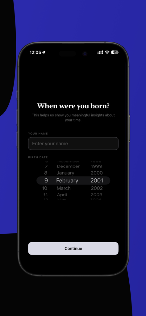 TimeDot: Year & Life Progress - Onboarding screen of TimeDot app asking for user name and birth date