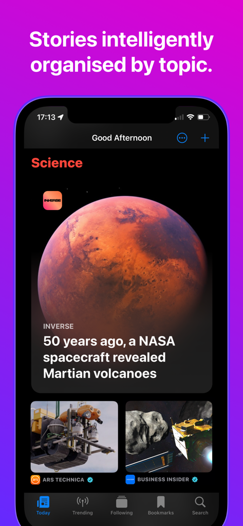 Big News - Smart Reader - Big News 앱 스크린샷으로, Inverse 및 Ars Technica의 기사를 특징으로 하는 과학 섹션과 같이 뉴스가 지능적으로 주제별로 구성되어 표시됩니다.