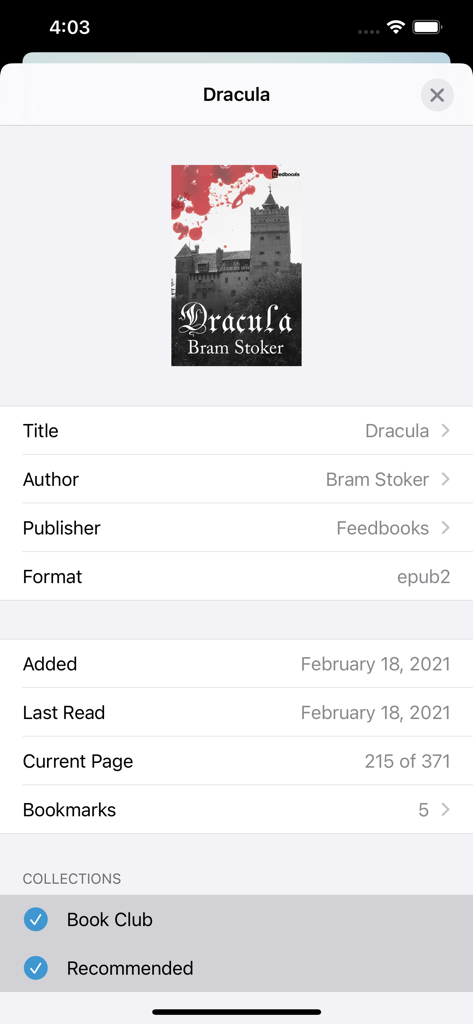 Bluefire Reader app displaying ebook metadata and reading progress for Dracula