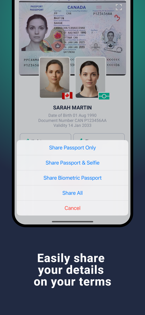 Interface of Passport.app showing options to share passport and biometric data securely