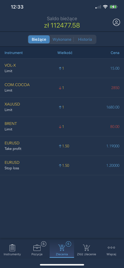 Alior 4 Trader mobile app showing current trading orders and account balance