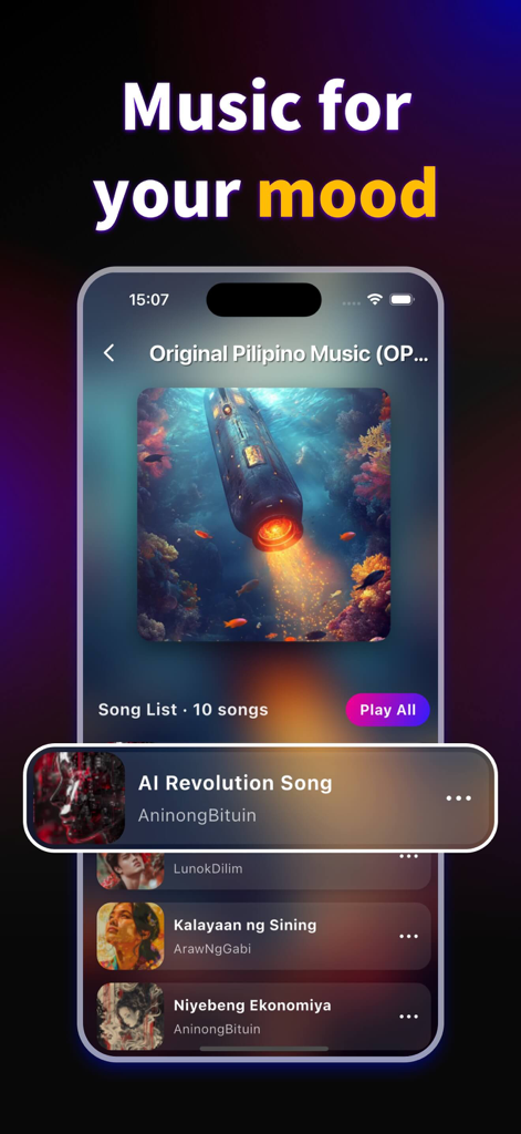 KP - AI Music & Song Generator - KP AI Music app interface showing a playlist of generated songs under the heading Music for your mood.
