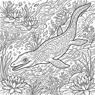 Embark on an aquatic journey with this captivating coloring page featuring the ancient Cymbospondylus amidst a lively spring environment. Discover intricate details of this magnificent marine reptile surrounded by blooming water flora, ready for your creative touch.
