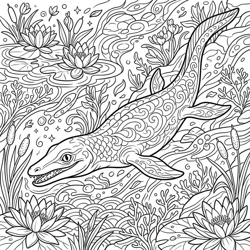 Embark on an aquatic journey with this captivating coloring page featuring the ancient Cymbospondylus amidst a lively spring environment. Discover intricate details of this magnificent marine reptile surrounded by blooming water flora, ready for your creative touch.