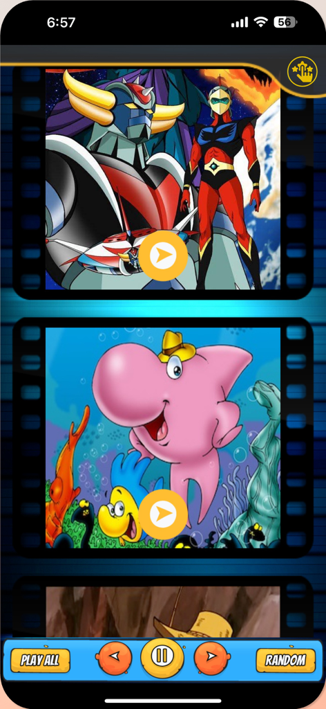 اغاني افلام كرتون بدون نت - Bildschirm einer mobilen App, der eine Liste nostalgischer arabischer Cartoon-Intros wie Grendizer und Sharky and George mit Wiedergabesteuerungen anzeigt