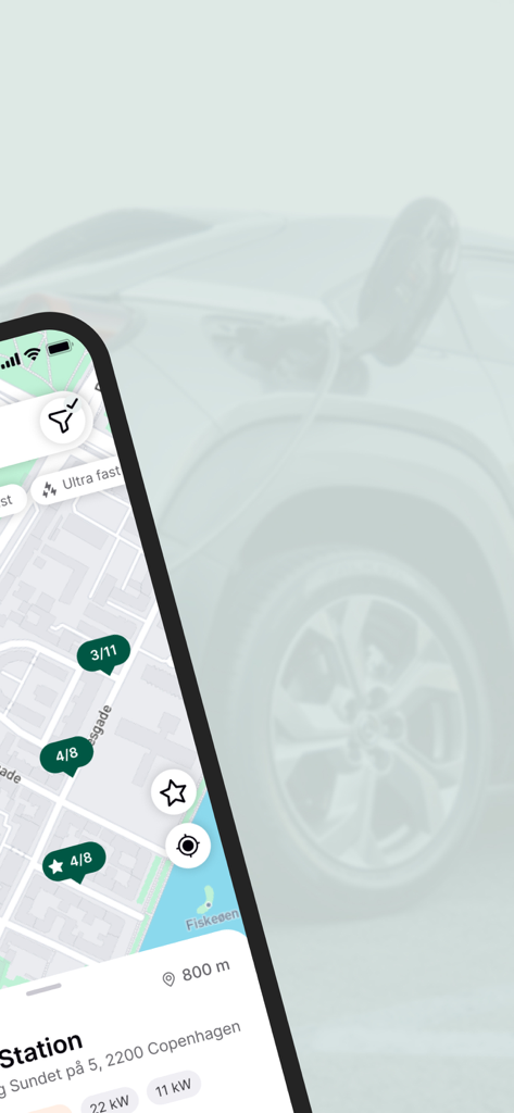 Interface of the Verdo Opladning app showing a navigation map with availability of EV charging stations and filters