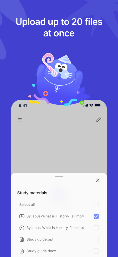 AskSia - Interfaz de la aplicación AskSia que muestra la opción de subir hasta veinte archivos de estudio a la vez, incluyendo vídeos y documentos