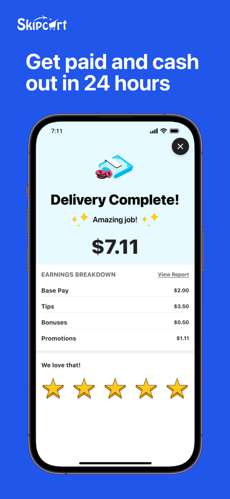Skipcart Delivery Driver - Aplicación de conductor de Skipcart que muestra una pantalla de entrega completada con el desglose de ganancias totales y una calificación de cinco estrellas