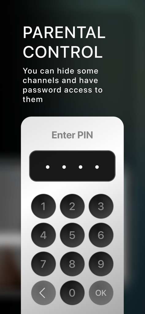 Alice Player IPTV Ott - Interfaz de control parental de Alice Player IPTV con un teclado numérico PIN para ocultar canales