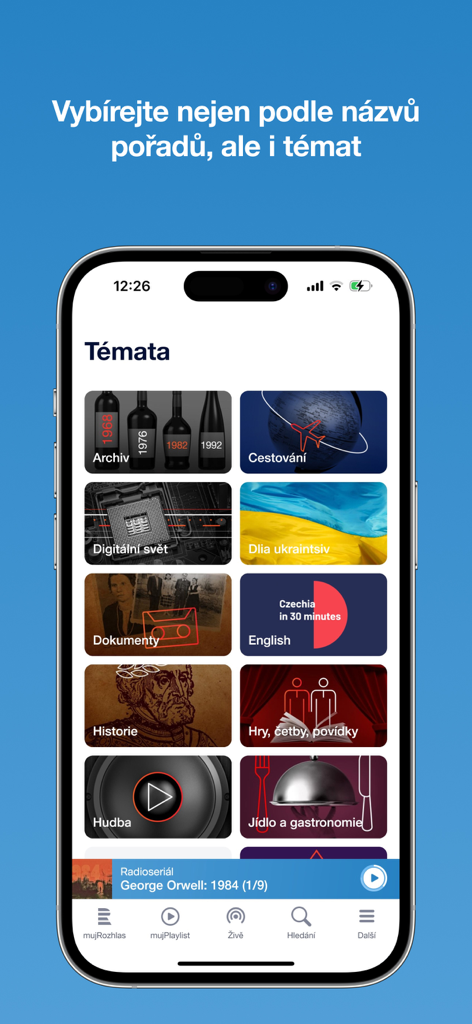 A mobile app interface displaying various audio topics like history and music in the mujRozhlas app