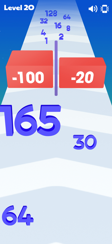 Numbers Merge: Plus and Run - Gameplay of Numbers Merge Plus and Run showing a number character avoiding negative obstacles on a track