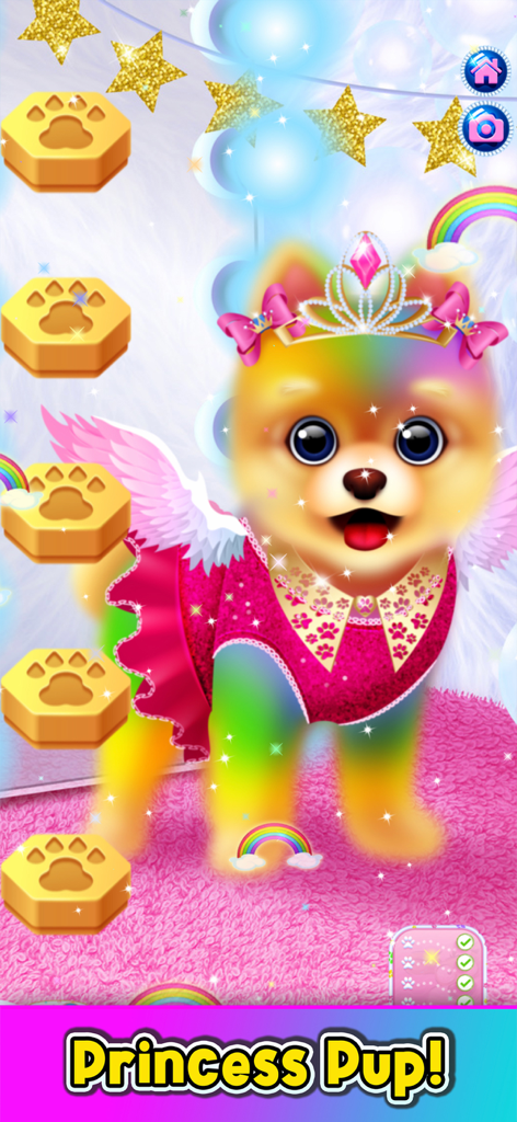 A rainbow-colored puppy dressed as a princess with a crown and wings