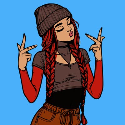 realistic teenage girl with braids and a beanie and crop top doing 🫶🏼
