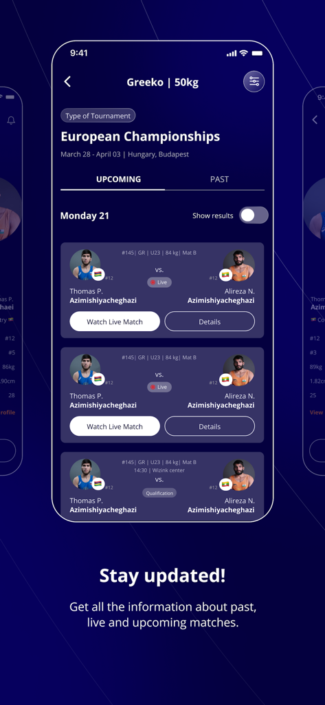 UWW - UWW app displaying the European Championships match schedule with live streaming options for upcoming wrestling matches