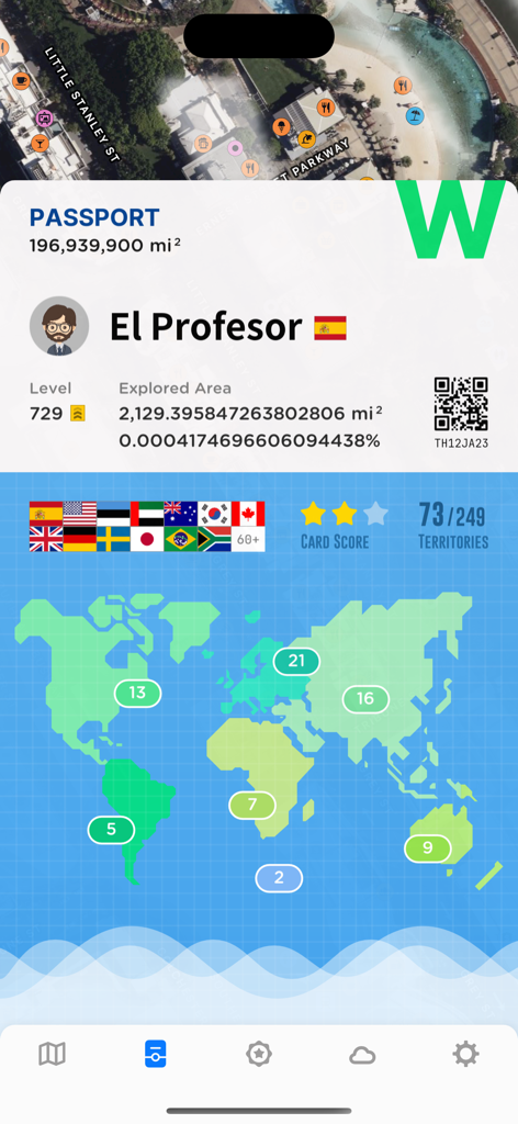 Fog of World - A passport screen from the Fog of World app showing a user profile with travel levels, explored area percentages, and a world map highlighting visited regions.