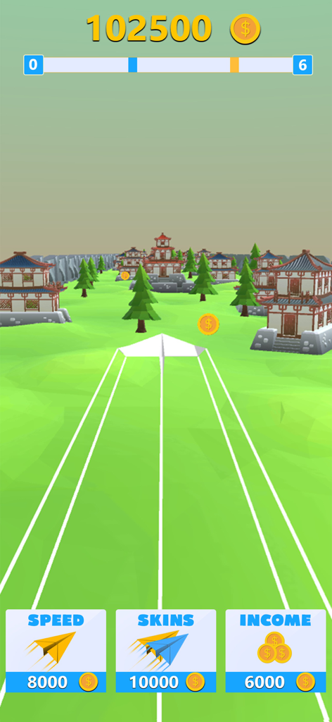 Fly Paper Plane Game - Captura de pantalla del juego Fly Paper Plane mostrando el menú de mejoras y el entorno de vuelo