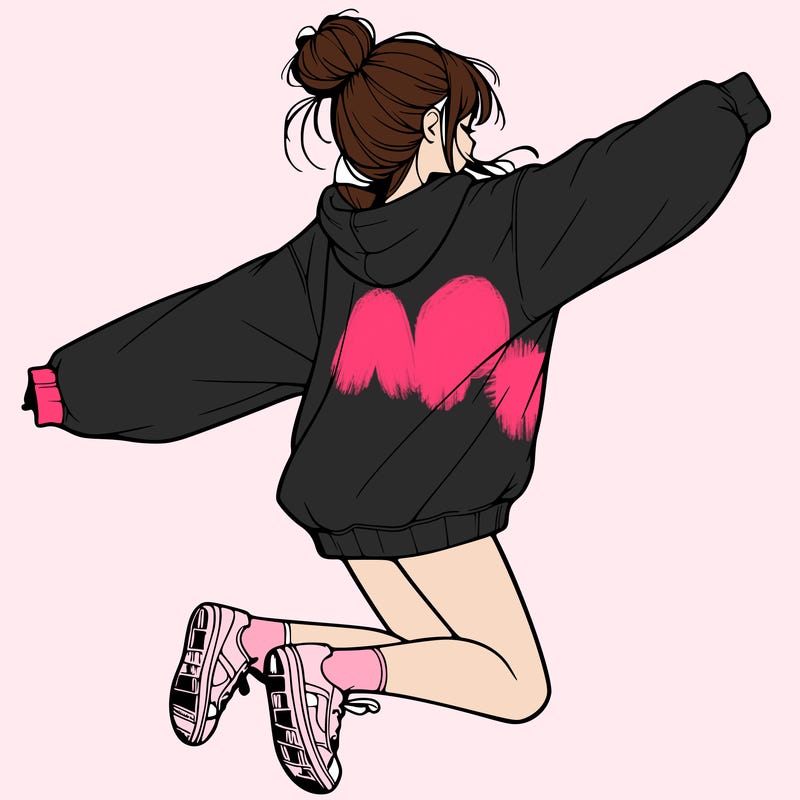 realistic girl jumping with a bun and oversized sweatshirt