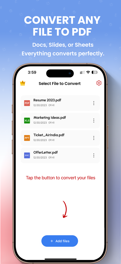 Interface d'une application mobile pour sélectionner des documents à convertir en fichiers PDF