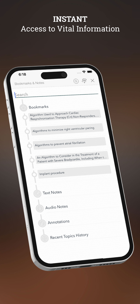 Cardiac Pacing and ICDs - Tela de favoritos e anotações no aplicativo Estimulação Cardíaca e CDsI mostrando algoritmos médicos e tópicos de referência clínica.