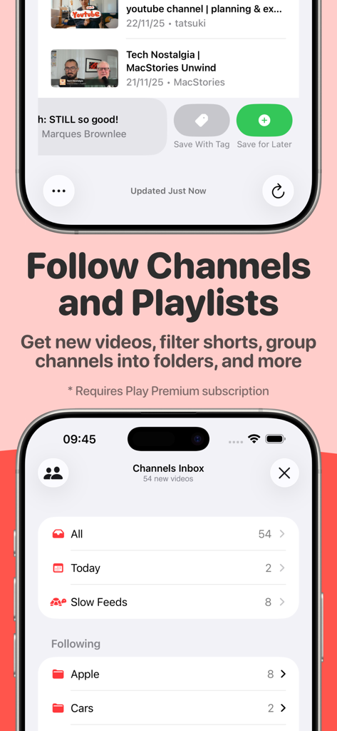Play: Save Videos Watch Later - Play App-Oberfläche zum Folgen von Kanälen und Organisieren von Video-Abonnements in Ordnern