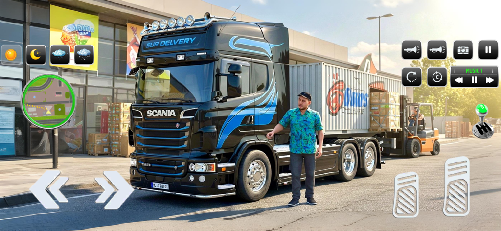 Factory Truck Simulator Games - Un camión Scania negro siendo cargado por una carretilla elevadora en el almacén de una fábrica en un juego de simulador de conducción