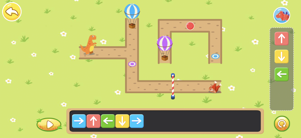 A kids coding game level showing a dinosaur character and arrow-based programming blocks.