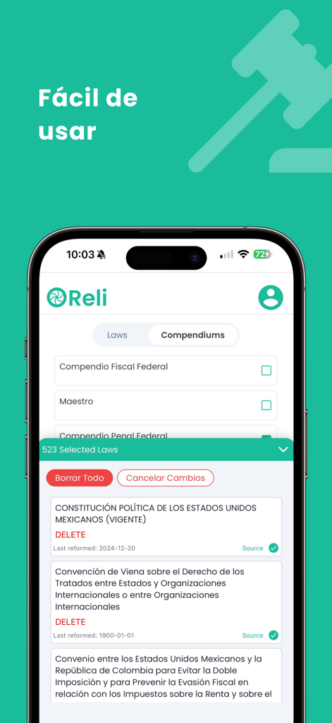 Reli - Reli app interface showing a list of selected Mexican laws and legal compendiums on a mobile device