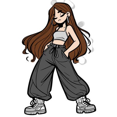 girl in baggy pants crop top and long hair