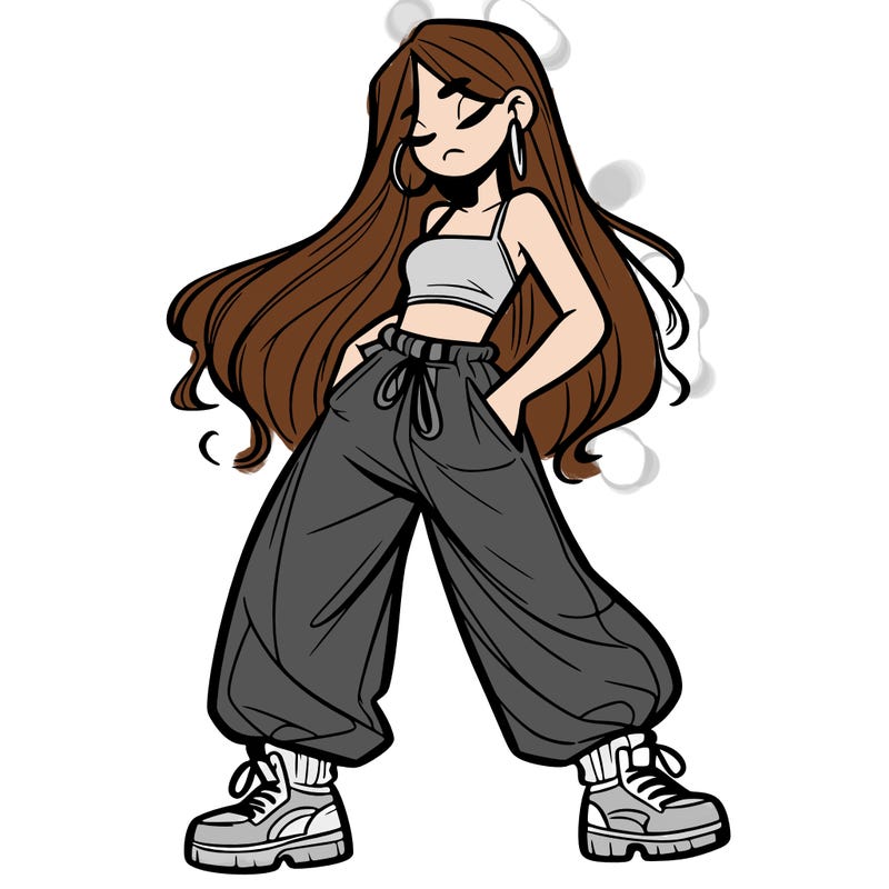 girl in baggy pants crop top and long hair
