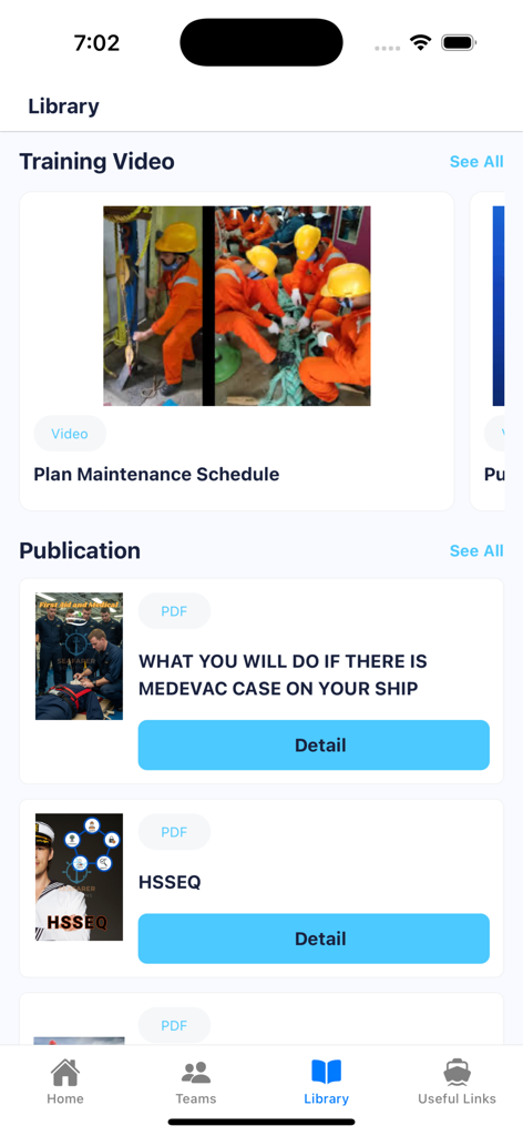 Seafarer Solution - The Library screen of the Seafarer Solution app showcasing training videos on maintenance and PDF publications regarding medevac procedures and maritime safety.
