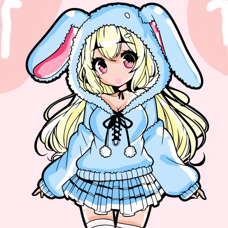 pretty anime girl wearing a fluffy hoodie with bunny ears on the hood and a skirt