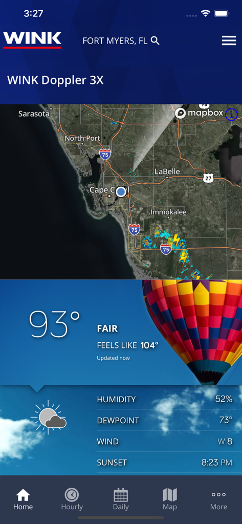 WINK Weather app interface showing local radar map and current conditions for Fort Myers Florida