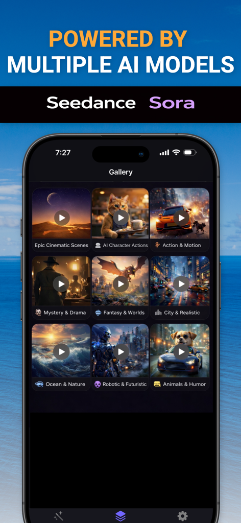 AI Video Generator: Create AI - Interfaz de la galería del generador de video IA mostrando estilos de video creativos impulsados por múltiples modelos de IA como Sora y Seedance.