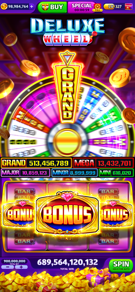 Cash Frenzy™ - Slots Casino - Captura de pantalla de la aplicación Cash Frenzy Slots Casino con el jackpot Deluxe Wheel y jugabilidad de máquina tragamonedas con bonus