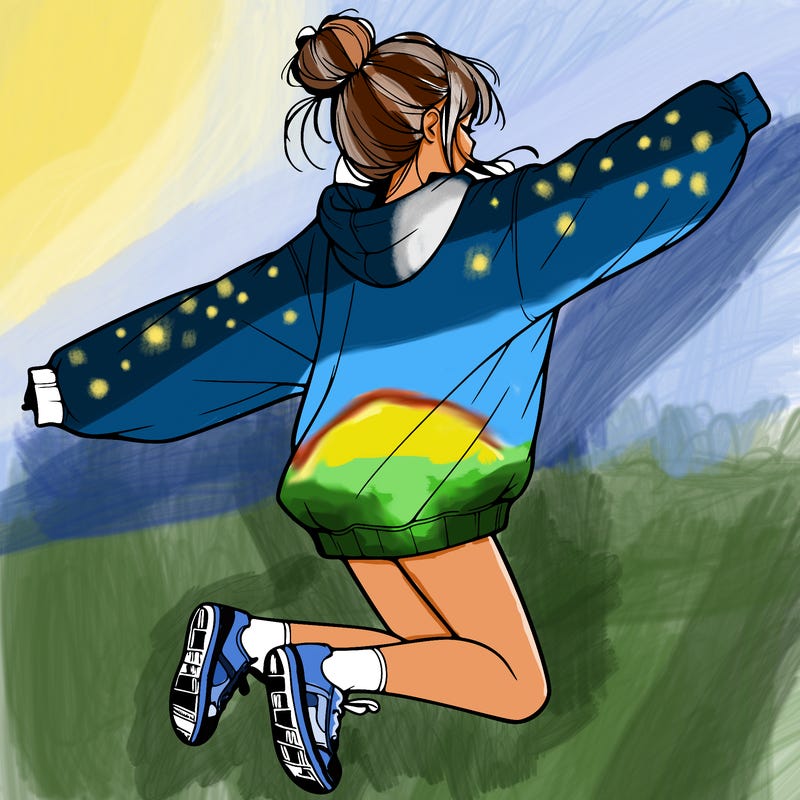 realistic girl jumping with a bun and oversized sweatshirt