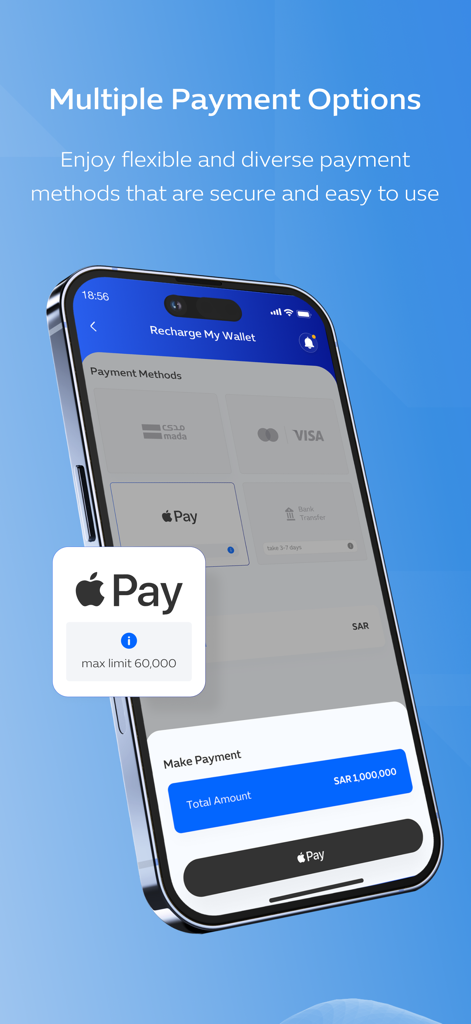 Aseel | أصيل - Interfaccia dell'app di investimento Aseel che mostra vari metodi di pagamento sicuri tra cui Apple Pay e Visa per la ricarica del portafoglio.
