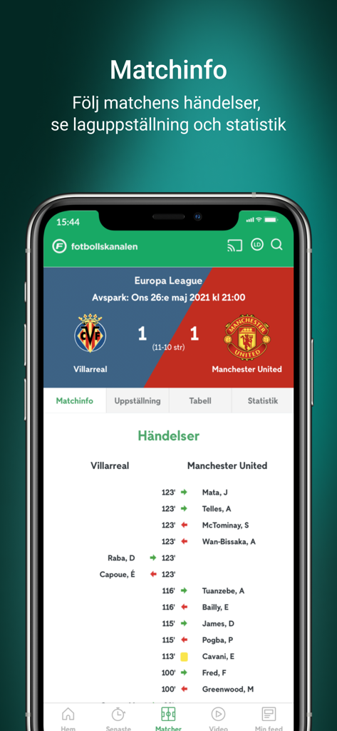 Fotbollskanalen - Interfaz de la aplicación Fotbollskanalen mostrando información del partido de la Europa League y la línea de tiempo de eventos