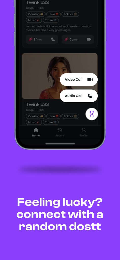 Dostt App: Talk & Feel Better - Screenshot dell'app Dostt che mostra la funzione di connessione casuale con opzioni per chiamate video e audio