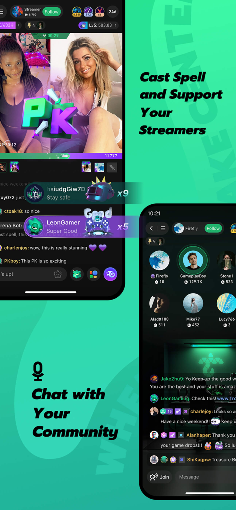 Trovo - Live Stream & Games - Interfaz de la aplicación Trovo que muestra la interacción en la transmisión en vivo con batallas PK y chat de la comunidad