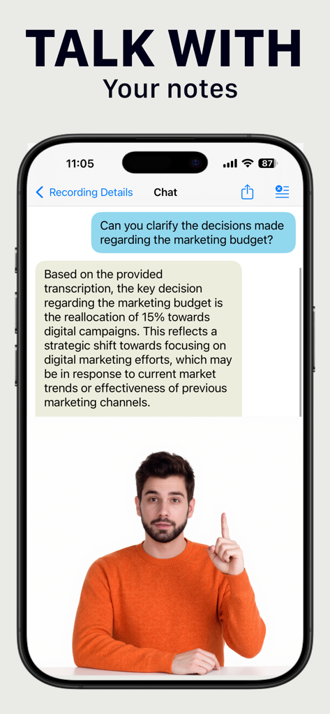AI Note Taker from Audio: Rec+ - Interfaz de chat interactiva con IA en la aplicación Rec plus que muestra a un usuario haciendo preguntas sobre las notas de su reunión.